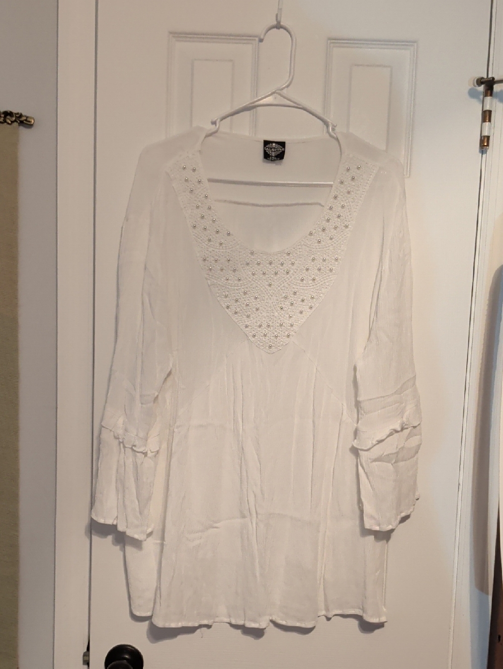 Cal Style Woman's Embellished White Tunic Blouse W Faux Pearls Sz 2X